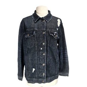 JOE'S Jean Women Size L Black Denim Button Up Jean Jacket Distress Long SLV 296P